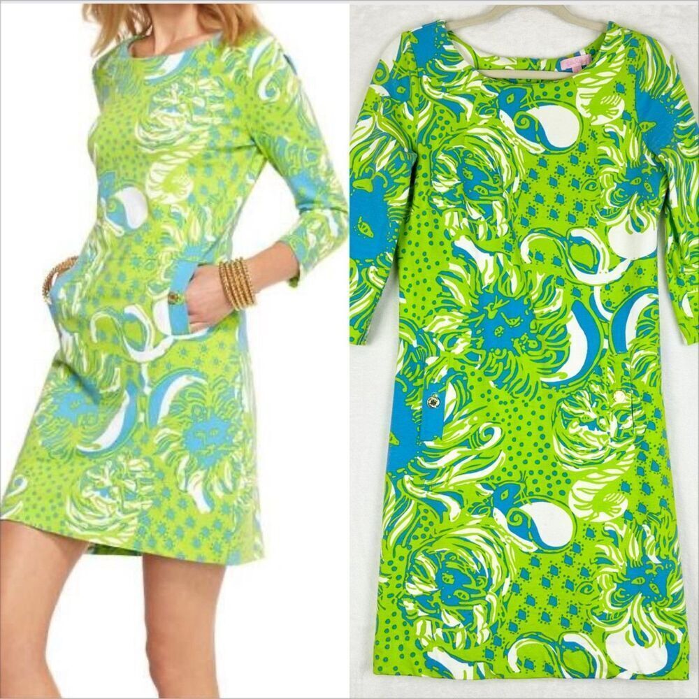 Lilly Pulitzer Charlene Dress Size Small Limeade Lion Pockets 3/4 Sleeve Vacay